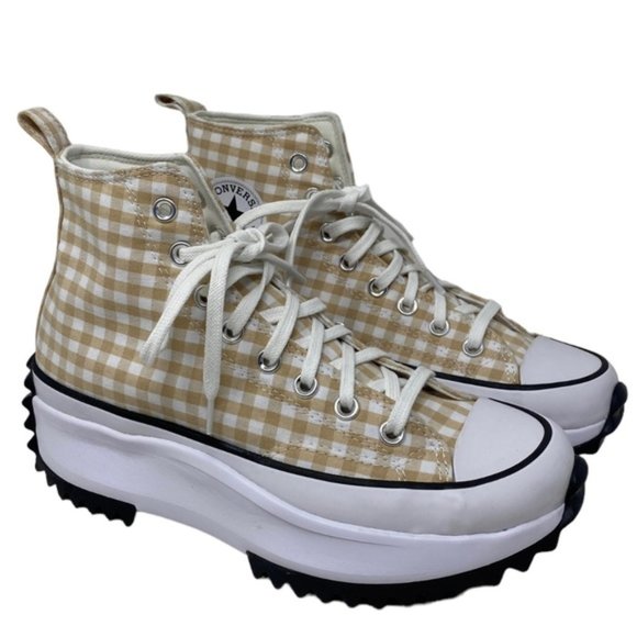 Converse Shoes - Converse Run Star Hi Platform Shoes Women Size White Beige Plaid Canvas A05999C